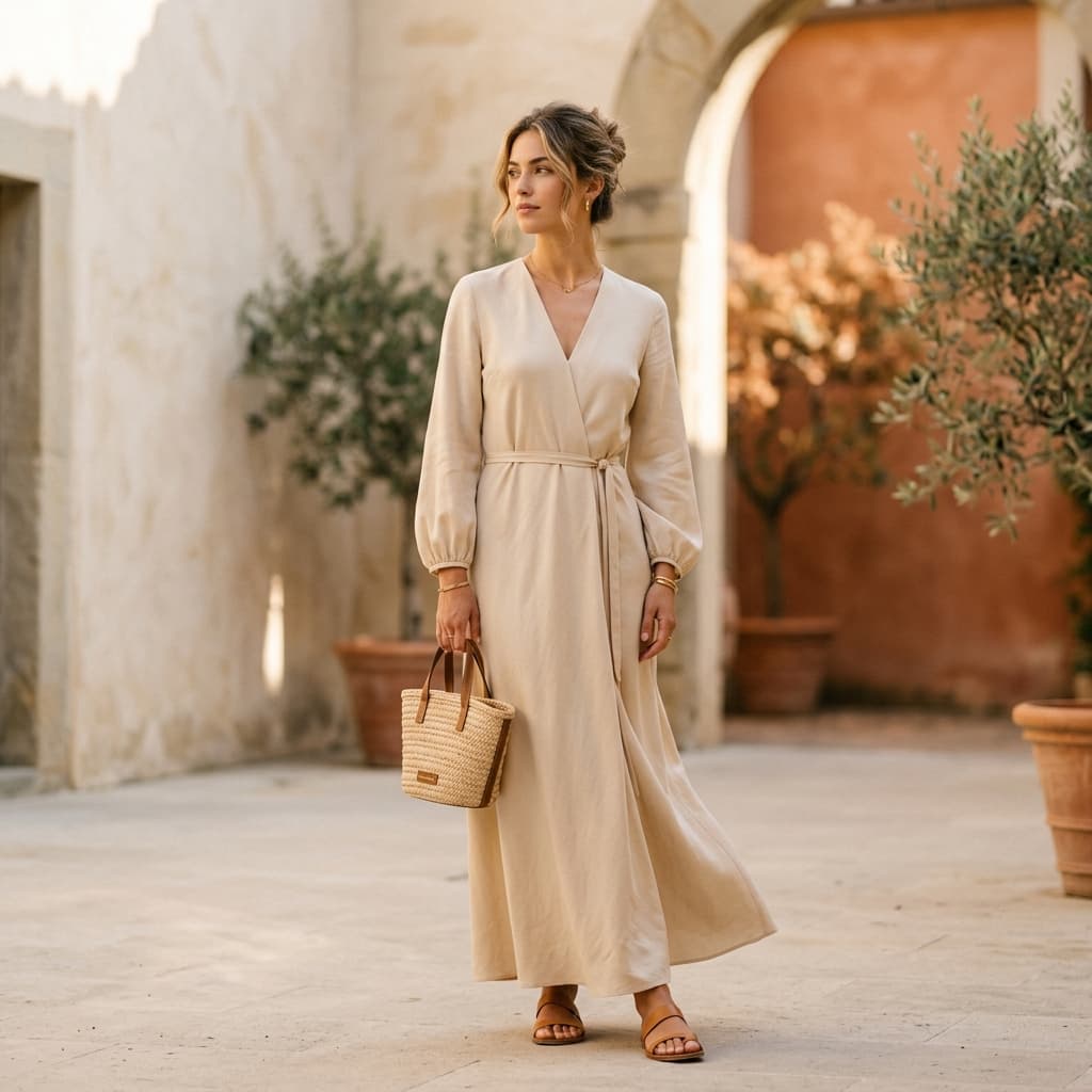 Modelo con vestido crema de BIBAS